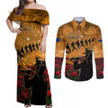ANZAC Day 2024 Couples Matching Off Shoulder Maxi Dress and Long Sleeve Button Shirt Silver Fern With A Trumpet Soldier