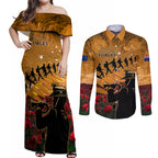 ANZAC Day 2024 Couples Matching Off Shoulder Maxi Dress and Long Sleeve Button Shirt Silver Fern With A Trumpet Soldier