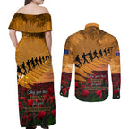 ANZAC Day 2024 Couples Matching Off Shoulder Maxi Dress and Long Sleeve Button Shirt Silver Fern With A Trumpet Soldier