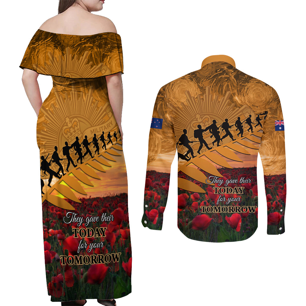 ANZAC Day 2024 Couples Matching Off Shoulder Maxi Dress and Long Sleeve Button Shirt Silver Fern With A Trumpet Soldier