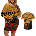 ANZAC Day 2024 Couples Matching Off Shoulder Short Dress and Hawaiian Shirt Silver Fern With A Trumpet Soldier