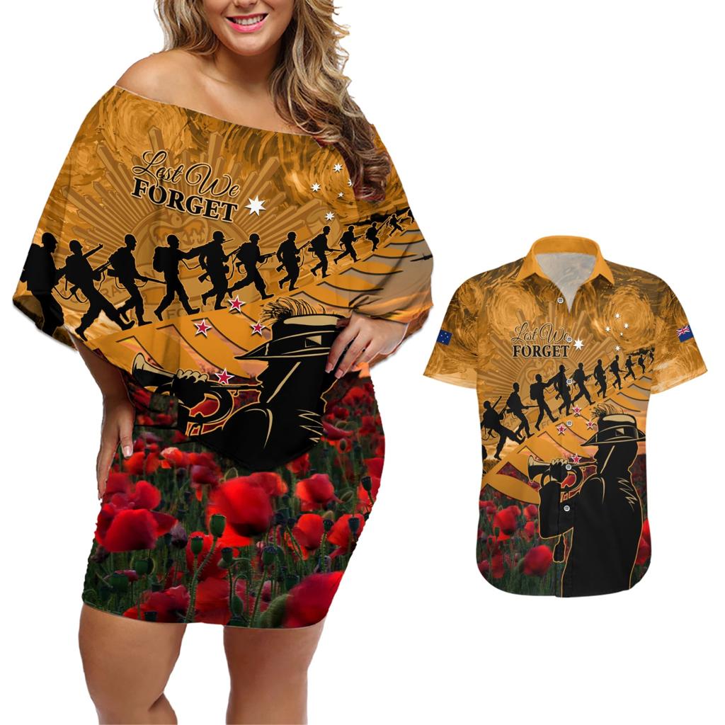 ANZAC Day 2024 Couples Matching Off Shoulder Short Dress and Hawaiian Shirt Silver Fern With A Trumpet Soldier