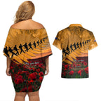ANZAC Day 2024 Couples Matching Off Shoulder Short Dress and Hawaiian Shirt Silver Fern With A Trumpet Soldier