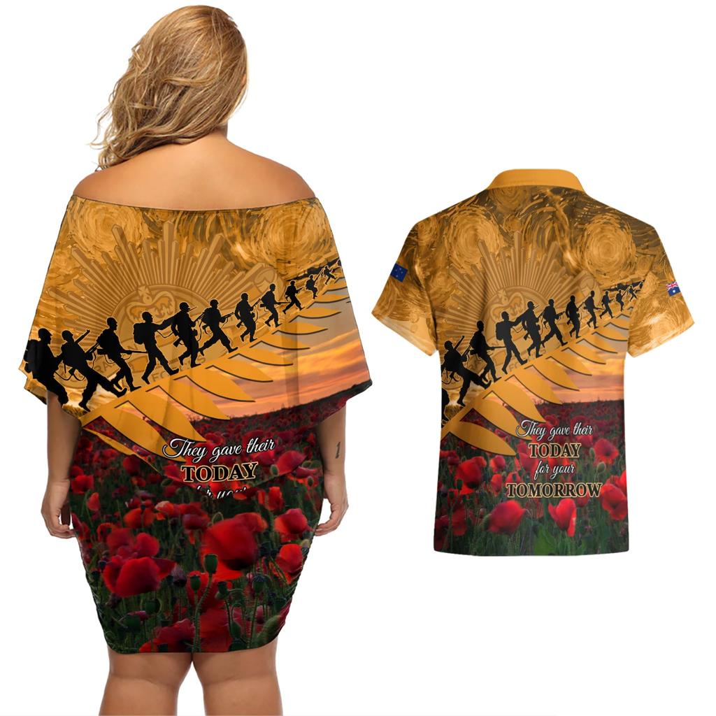 ANZAC Day 2024 Couples Matching Off Shoulder Short Dress and Hawaiian Shirt Silver Fern With A Trumpet Soldier