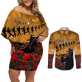 ANZAC Day 2024 Couples Matching Off Shoulder Short Dress and Long Sleeve Button Shirt Silver Fern With A Trumpet Soldier
