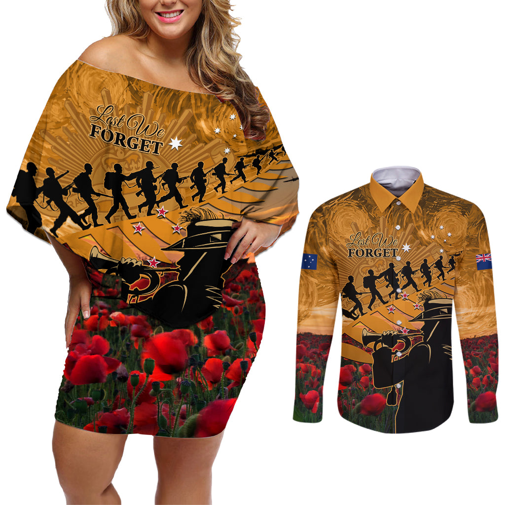 ANZAC Day 2024 Couples Matching Off Shoulder Short Dress and Long Sleeve Button Shirt Silver Fern With A Trumpet Soldier