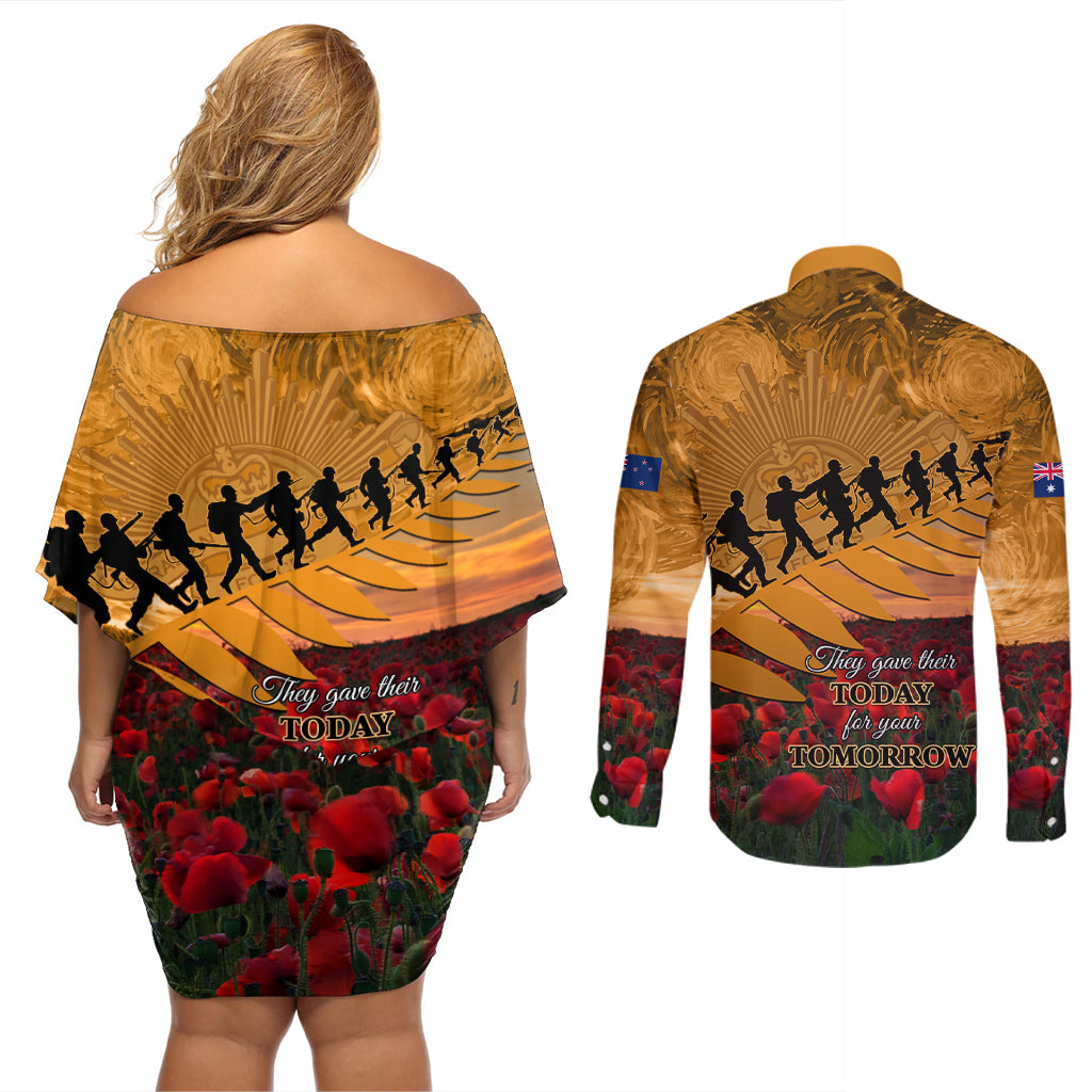 ANZAC Day 2024 Couples Matching Off Shoulder Short Dress and Long Sleeve Button Shirt Silver Fern With A Trumpet Soldier