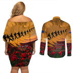 ANZAC Day 2024 Couples Matching Off Shoulder Short Dress and Long Sleeve Button Shirt Silver Fern With A Trumpet Soldier