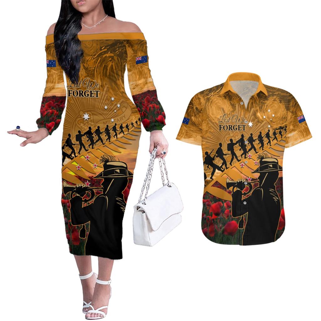 ANZAC Day 2024 Couples Matching Off The Shoulder Long Sleeve Dress and Hawaiian Shirt Silver Fern With A Trumpet Soldier