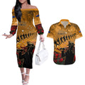 ANZAC Day 2024 Couples Matching Off The Shoulder Long Sleeve Dress and Hawaiian Shirt Silver Fern With A Trumpet Soldier