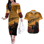ANZAC Day 2024 Couples Matching Off The Shoulder Long Sleeve Dress and Hawaiian Shirt Silver Fern With A Trumpet Soldier