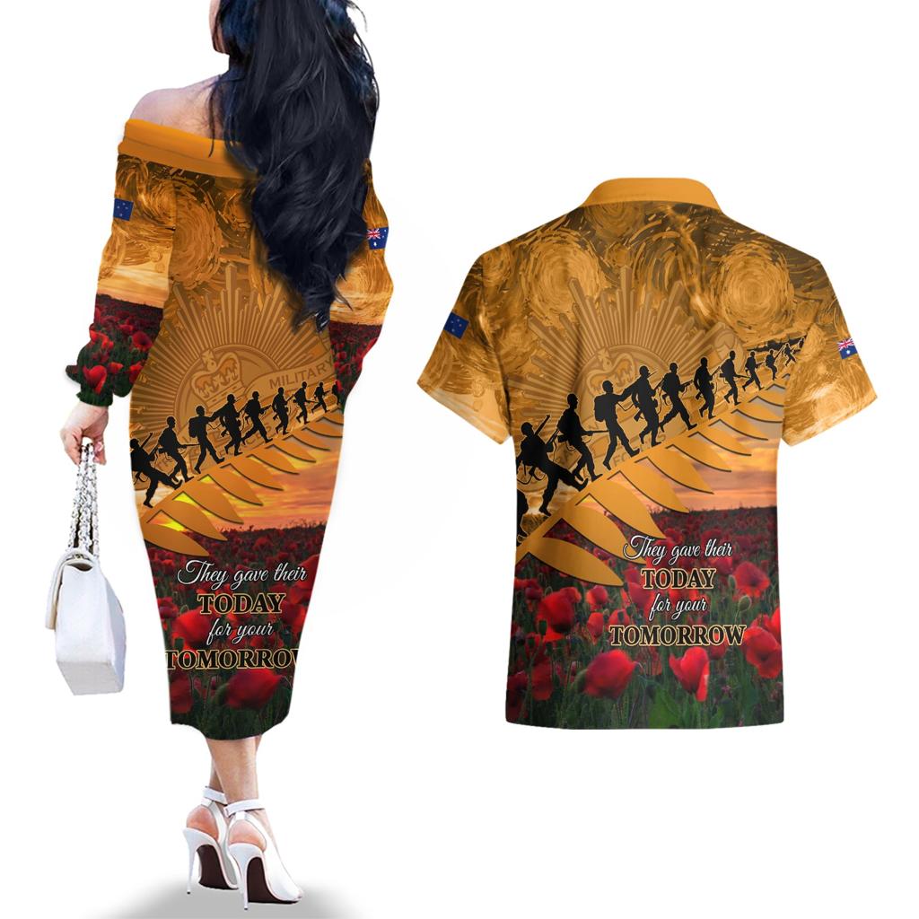 ANZAC Day 2024 Couples Matching Off The Shoulder Long Sleeve Dress and Hawaiian Shirt Silver Fern With A Trumpet Soldier