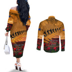 ANZAC Day 2024 Couples Matching Off The Shoulder Long Sleeve Dress and Long Sleeve Button Shirt Silver Fern With A Trumpet Soldier