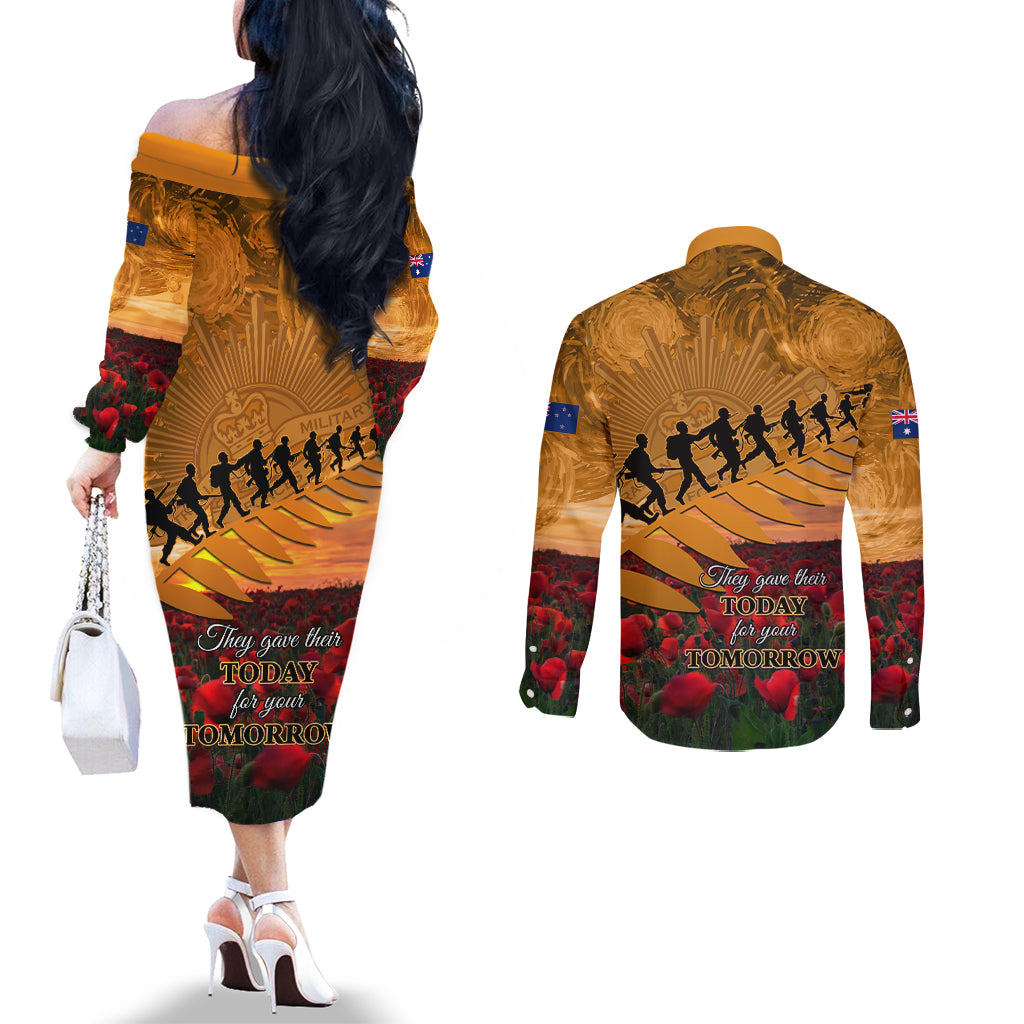 ANZAC Day 2024 Couples Matching Off The Shoulder Long Sleeve Dress and Long Sleeve Button Shirt Silver Fern With A Trumpet Soldier