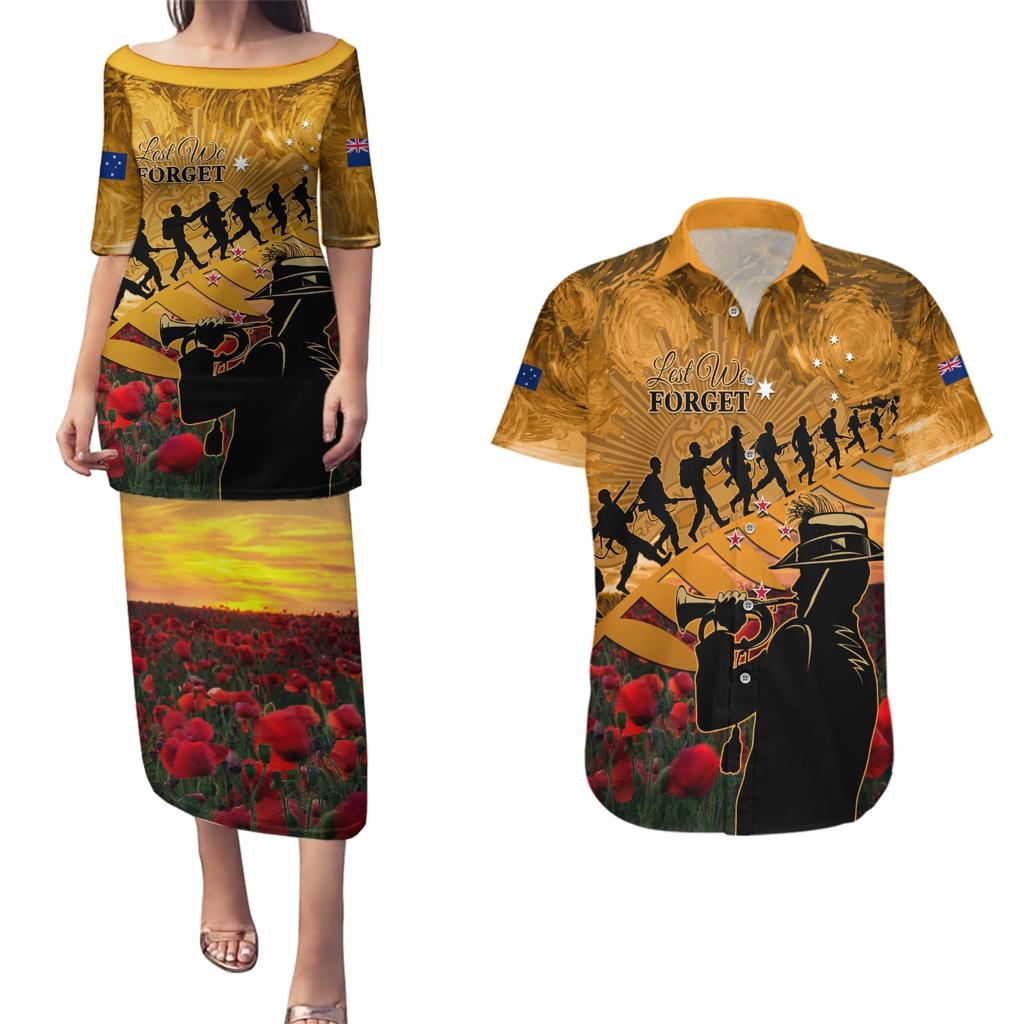 ANZAC Day 2024 Couples Matching Puletasi and Hawaiian Shirt Silver Fern With A Trumpet Soldier