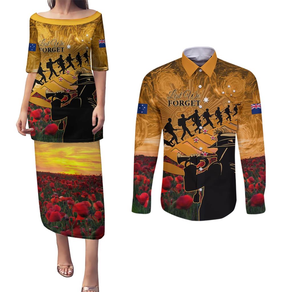 ANZAC Day 2024 Couples Matching Puletasi and Long Sleeve Button Shirt Silver Fern With A Trumpet Soldier