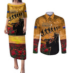 ANZAC Day 2024 Couples Matching Puletasi and Long Sleeve Button Shirt Silver Fern With A Trumpet Soldier