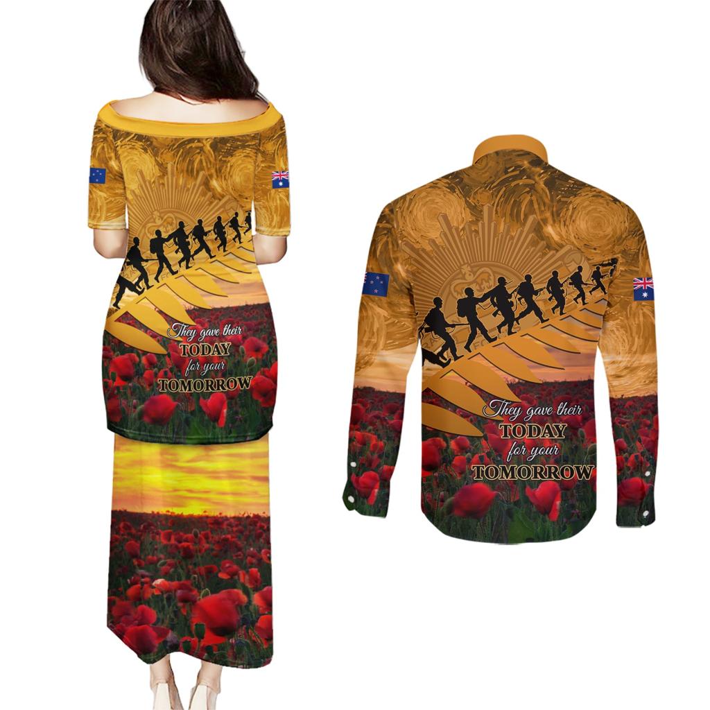 ANZAC Day 2024 Couples Matching Puletasi and Long Sleeve Button Shirt Silver Fern With A Trumpet Soldier