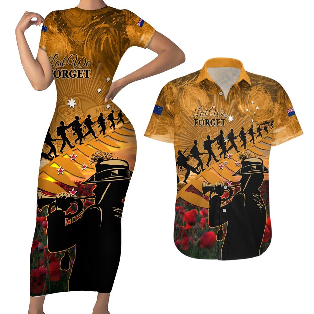 ANZAC Day 2024 Couples Matching Short Sleeve Bodycon Dress and Hawaiian Shirt Silver Fern With A Trumpet Soldier