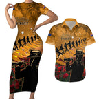 ANZAC Day 2024 Couples Matching Short Sleeve Bodycon Dress and Hawaiian Shirt Silver Fern With A Trumpet Soldier