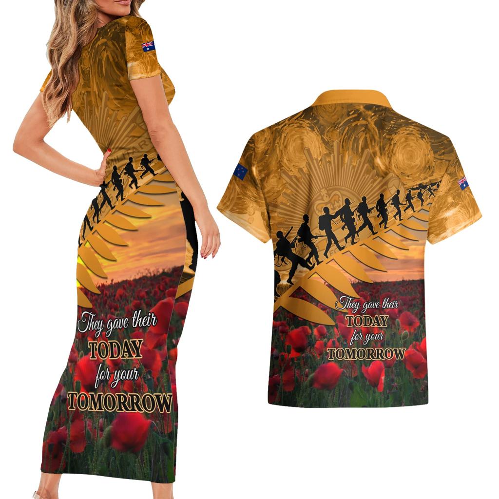 ANZAC Day 2024 Couples Matching Short Sleeve Bodycon Dress and Hawaiian Shirt Silver Fern With A Trumpet Soldier