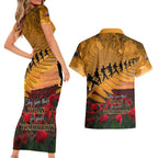 ANZAC Day 2024 Couples Matching Short Sleeve Bodycon Dress and Hawaiian Shirt Silver Fern With A Trumpet Soldier