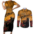ANZAC Day 2024 Couples Matching Short Sleeve Bodycon Dress and Long Sleeve Button Shirt Silver Fern With A Trumpet Soldier