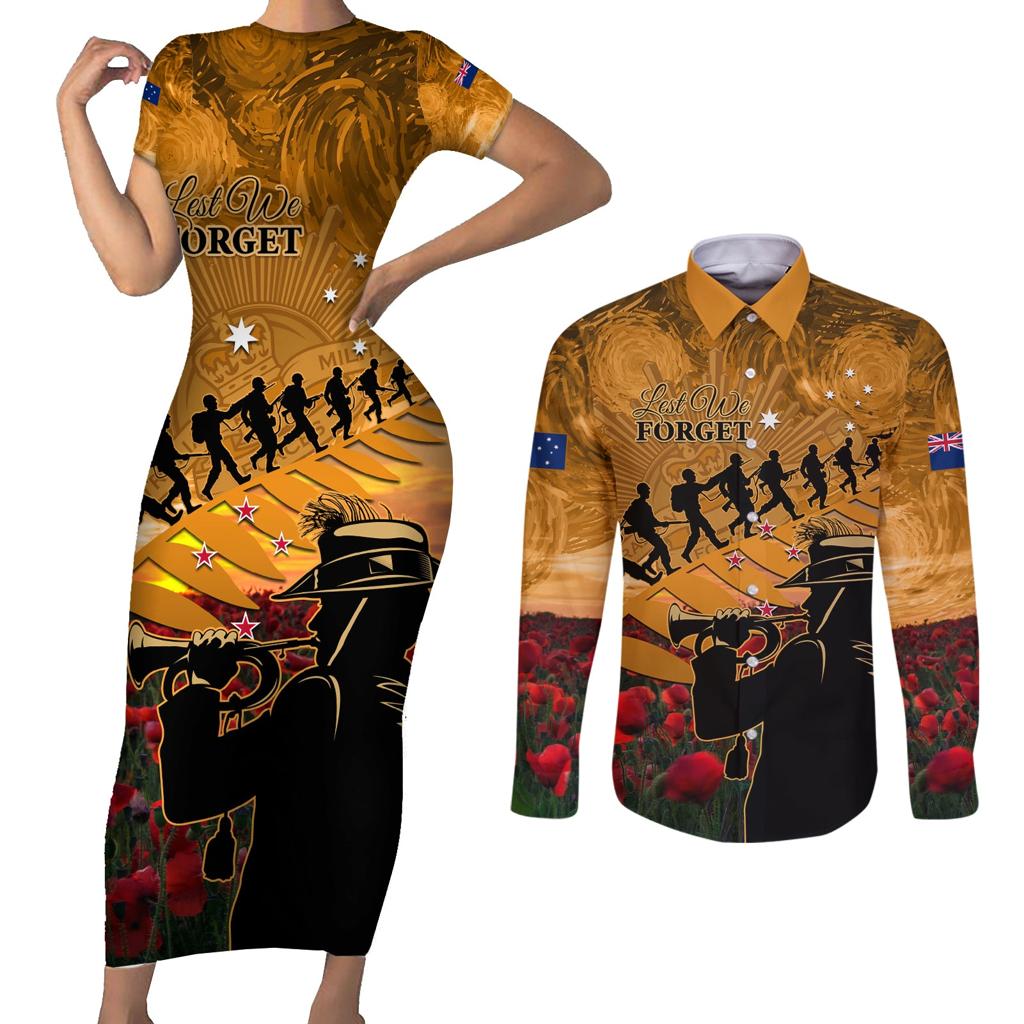 ANZAC Day 2024 Couples Matching Short Sleeve Bodycon Dress and Long Sleeve Button Shirt Silver Fern With A Trumpet Soldier