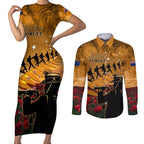 ANZAC Day 2024 Couples Matching Short Sleeve Bodycon Dress and Long Sleeve Button Shirt Silver Fern With A Trumpet Soldier