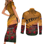 ANZAC Day 2024 Couples Matching Short Sleeve Bodycon Dress and Long Sleeve Button Shirt Silver Fern With A Trumpet Soldier