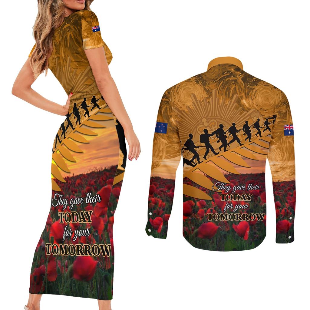 ANZAC Day 2024 Couples Matching Short Sleeve Bodycon Dress and Long Sleeve Button Shirt Silver Fern With A Trumpet Soldier
