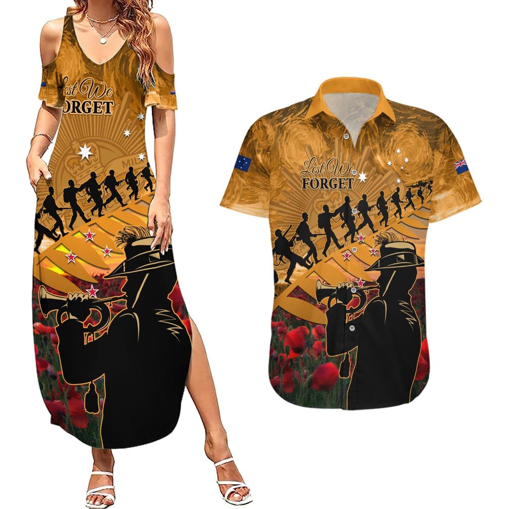 ANZAC Day 2024 Couples Matching Summer Maxi Dress and Hawaiian Shirt Silver Fern With A Trumpet Soldier