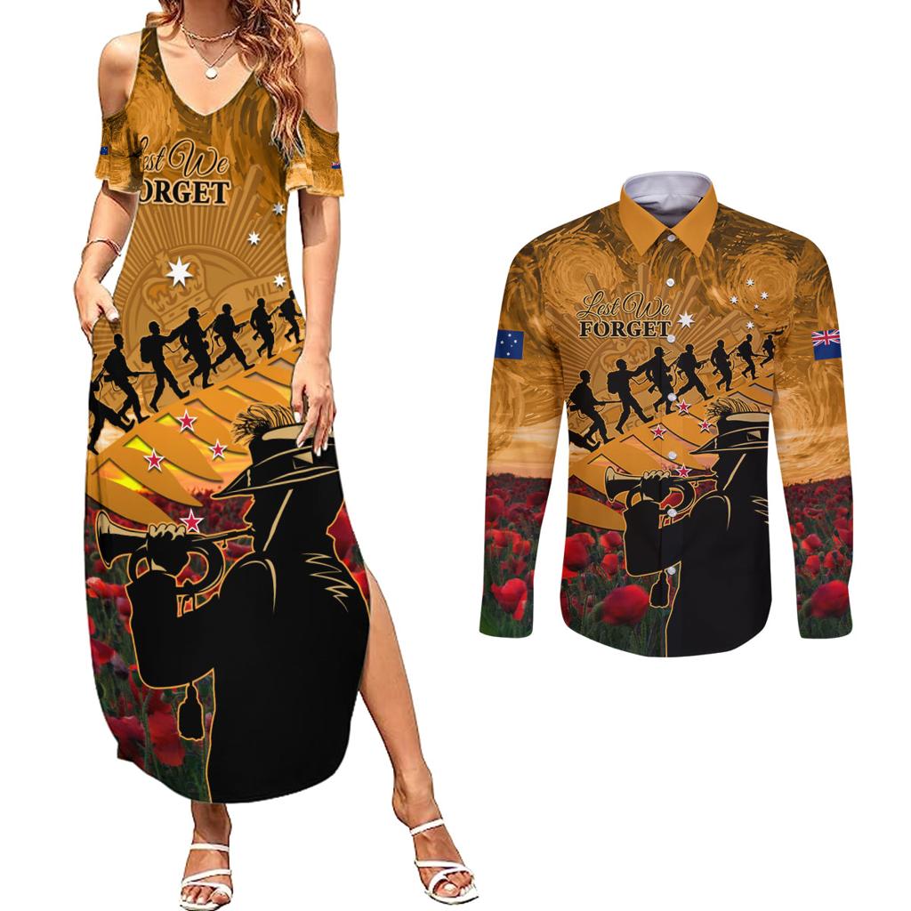 ANZAC Day 2024 Couples Matching Summer Maxi Dress and Long Sleeve Button Shirt Silver Fern With A Trumpet Soldier