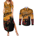 ANZAC Day 2024 Couples Matching Summer Maxi Dress and Long Sleeve Button Shirt Silver Fern With A Trumpet Soldier