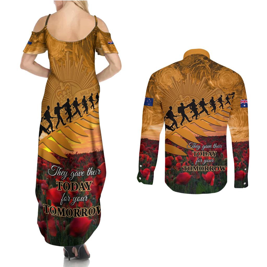 ANZAC Day 2024 Couples Matching Summer Maxi Dress and Long Sleeve Button Shirt Silver Fern With A Trumpet Soldier