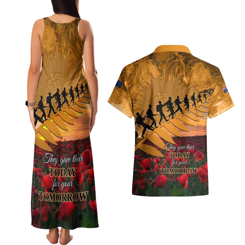 ANZAC Day 2024 Couples Matching Tank Maxi Dress and Hawaiian Shirt Silver Fern With A Trumpet Soldier
