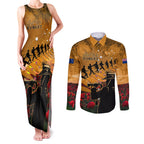 ANZAC Day 2024 Couples Matching Tank Maxi Dress and Long Sleeve Button Shirt Silver Fern With A Trumpet Soldier