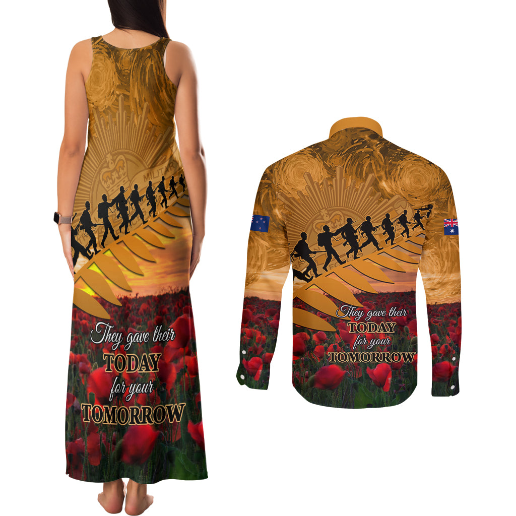 ANZAC Day 2024 Couples Matching Tank Maxi Dress and Long Sleeve Button Shirt Silver Fern With A Trumpet Soldier
