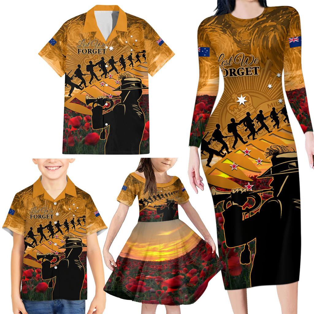 ANZAC Day 2024 Family Matching Long Sleeve Bodycon Dress and Hawaiian Shirt Silver Fern With A Trumpet Soldier