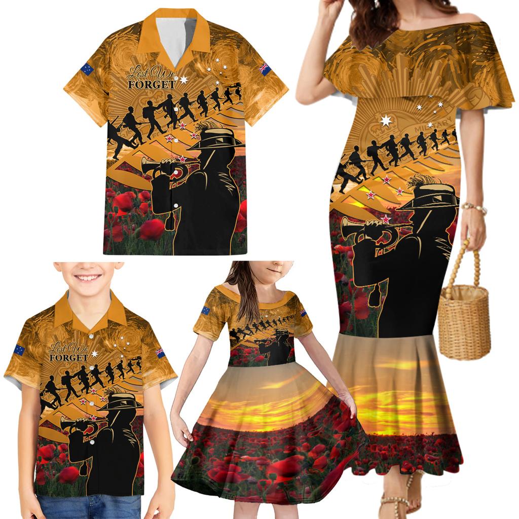 ANZAC Day 2024 Family Matching Mermaid Dress and Hawaiian Shirt Silver Fern With A Trumpet Soldier