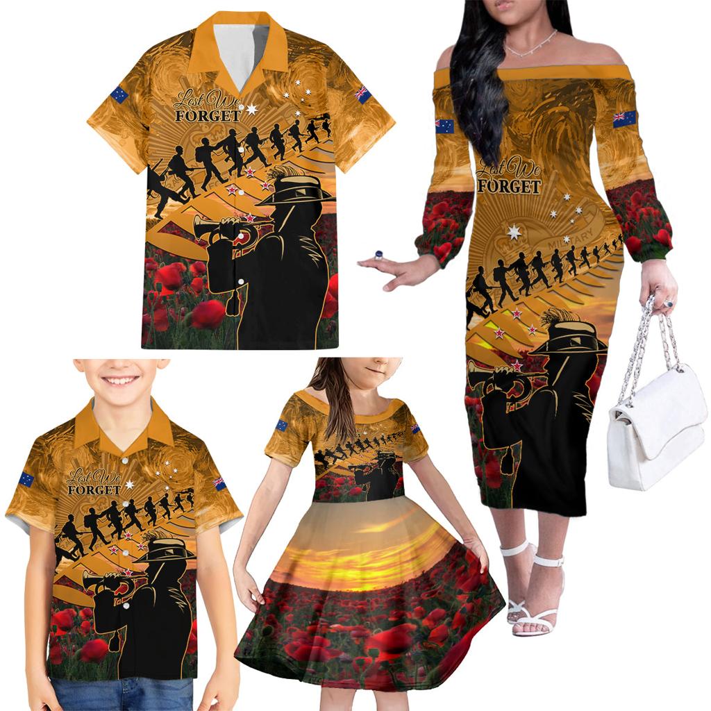 ANZAC Day 2024 Family Matching Off The Shoulder Long Sleeve Dress and Hawaiian Shirt Silver Fern With A Trumpet Soldier