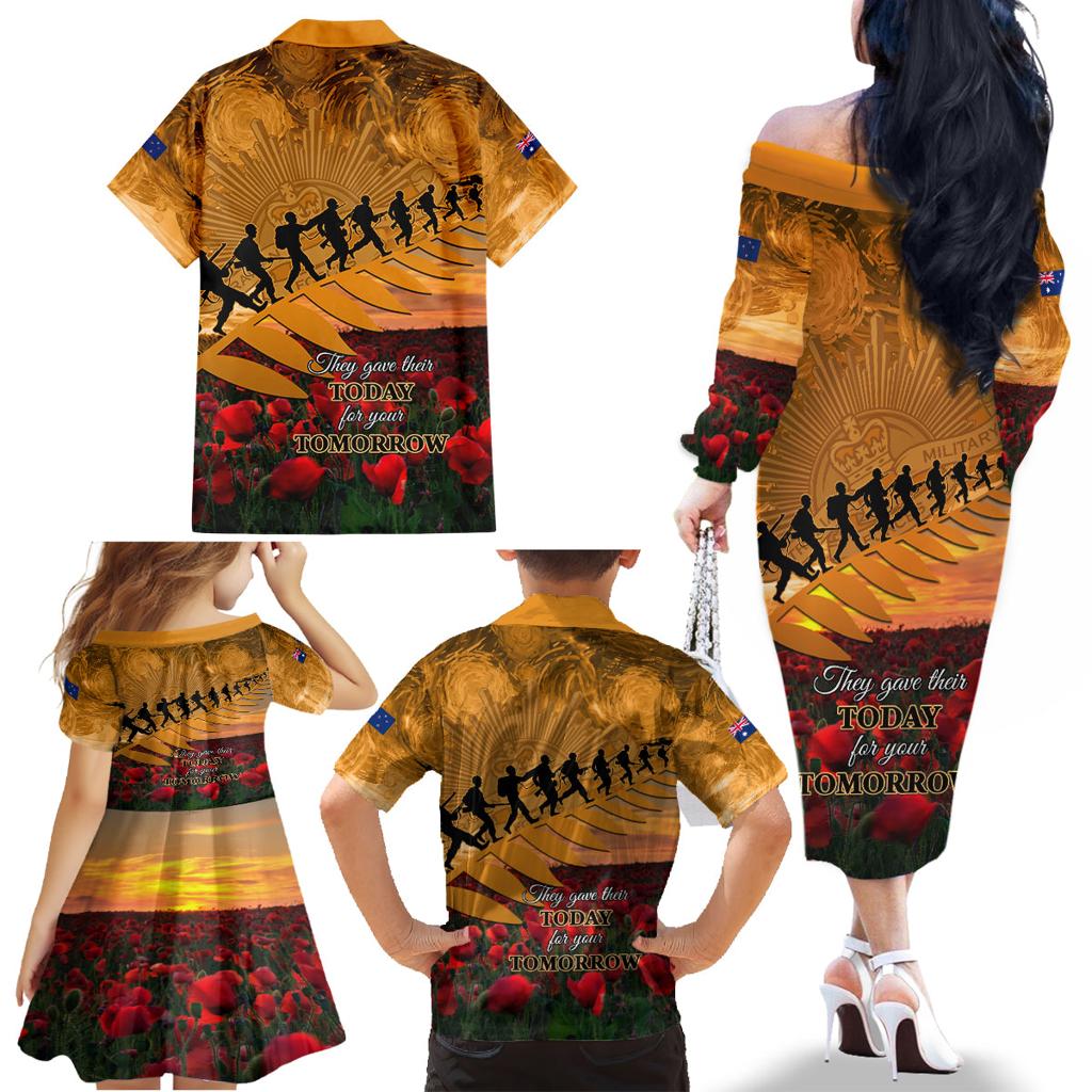 ANZAC Day 2024 Family Matching Off The Shoulder Long Sleeve Dress and Hawaiian Shirt Silver Fern With A Trumpet Soldier