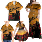 ANZAC Day 2024 Family Matching Off Shoulder Maxi Dress and Hawaiian Shirt Silver Fern With A Trumpet Soldier
