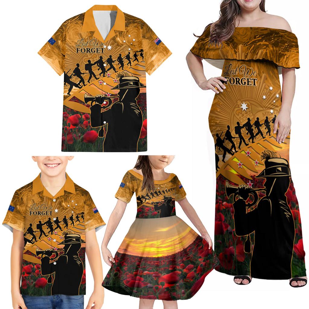 ANZAC Day 2024 Family Matching Off Shoulder Maxi Dress and Hawaiian Shirt Silver Fern With A Trumpet Soldier