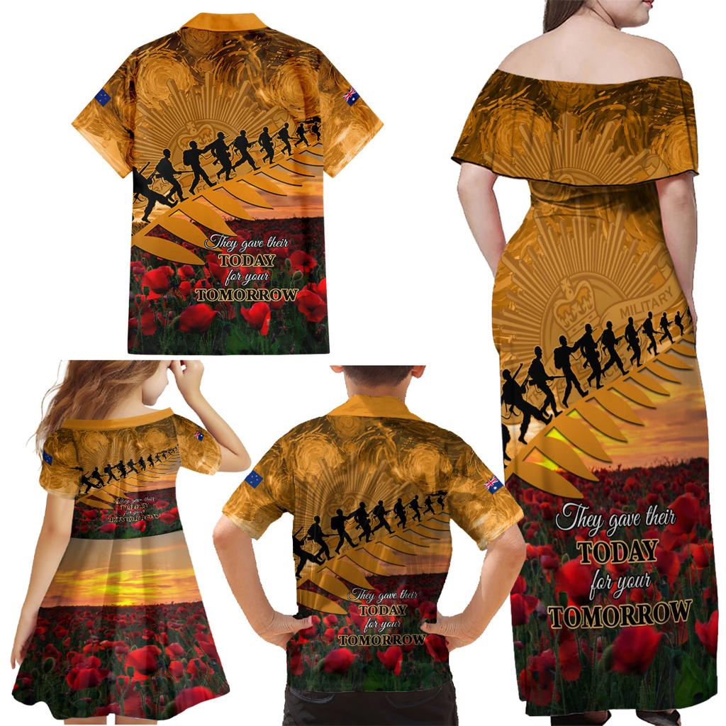 ANZAC Day 2024 Family Matching Off Shoulder Maxi Dress and Hawaiian Shirt Silver Fern With A Trumpet Soldier