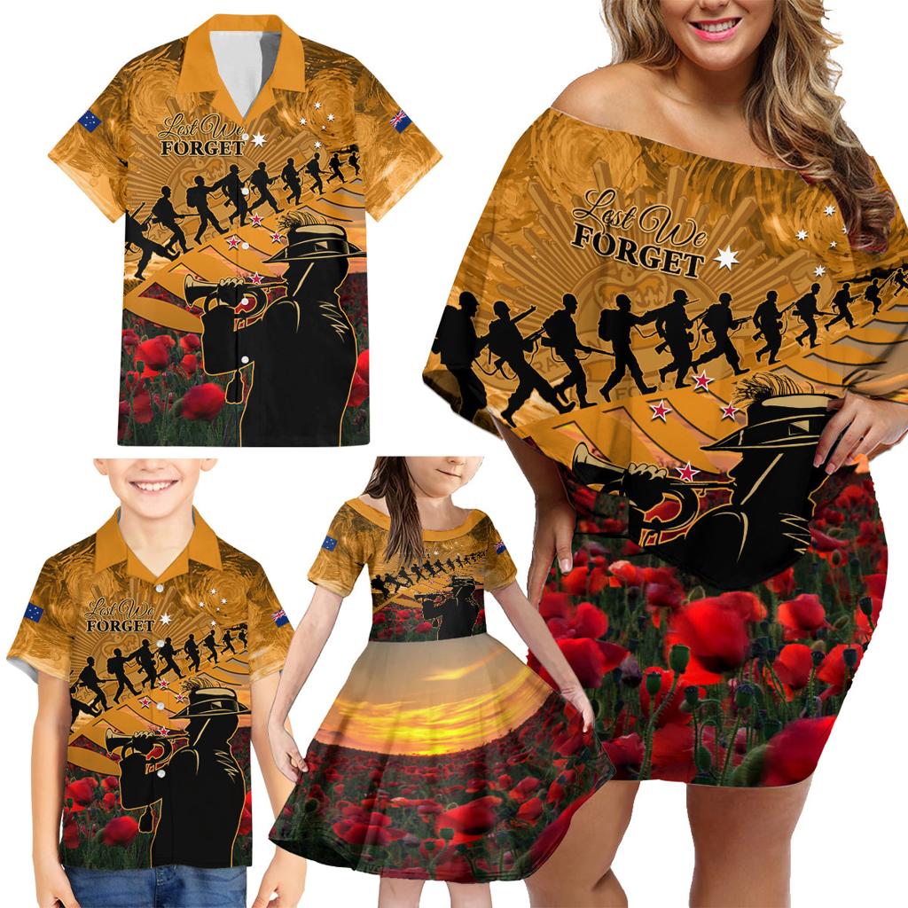 ANZAC Day 2024 Family Matching Off Shoulder Short Dress and Hawaiian Shirt Silver Fern With A Trumpet Soldier