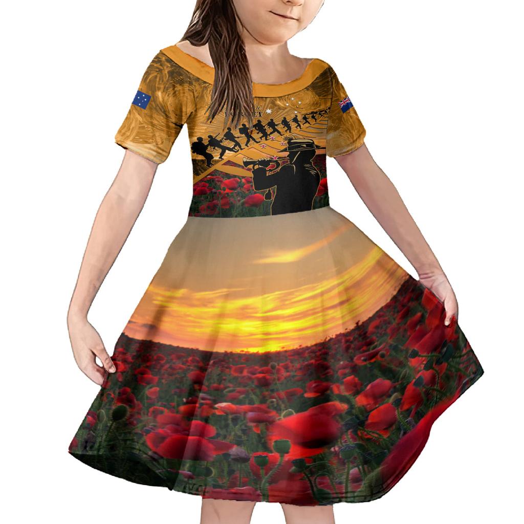 ANZAC Day 2024 Family Matching Off Shoulder Short Dress and Hawaiian Shirt Silver Fern With A Trumpet Soldier