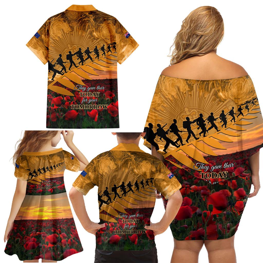 ANZAC Day 2024 Family Matching Off Shoulder Short Dress and Hawaiian Shirt Silver Fern With A Trumpet Soldier