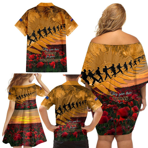 ANZAC Day 2024 Family Matching Off Shoulder Short Dress and Hawaiian Shirt Silver Fern With A Trumpet Soldier