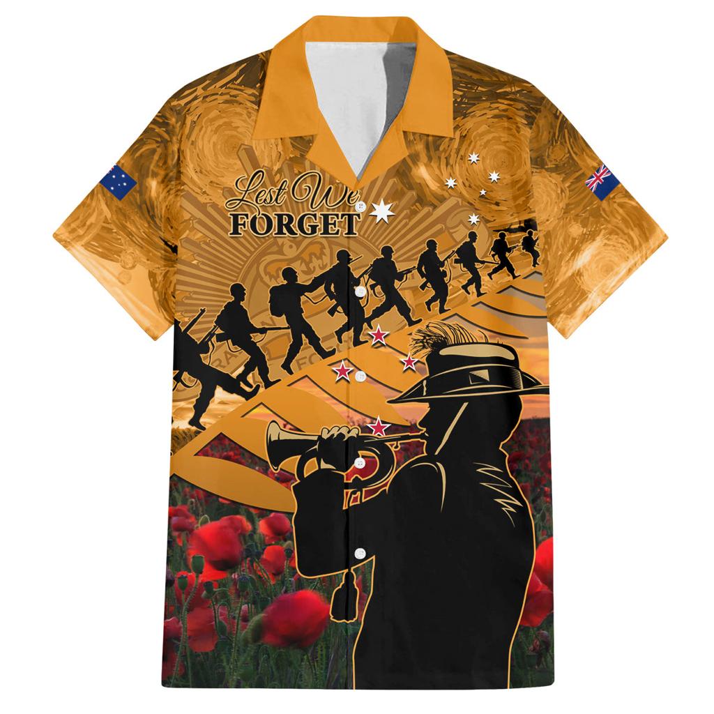 ANZAC Day 2024 Family Matching Off Shoulder Short Dress and Hawaiian Shirt Silver Fern With A Trumpet Soldier